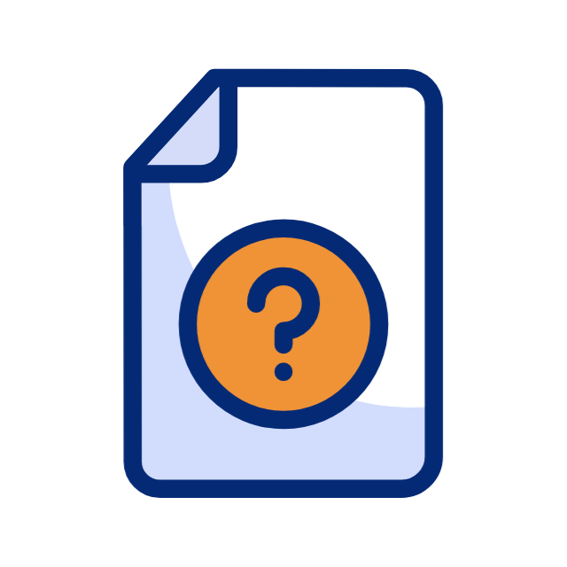 A document icon with a dog-eared corner and a large orange circle in the center containing a blue question mark.