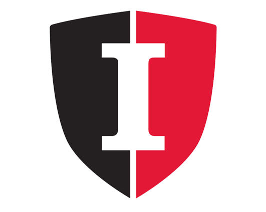 Iolani School shield, halved black and red with a white I.