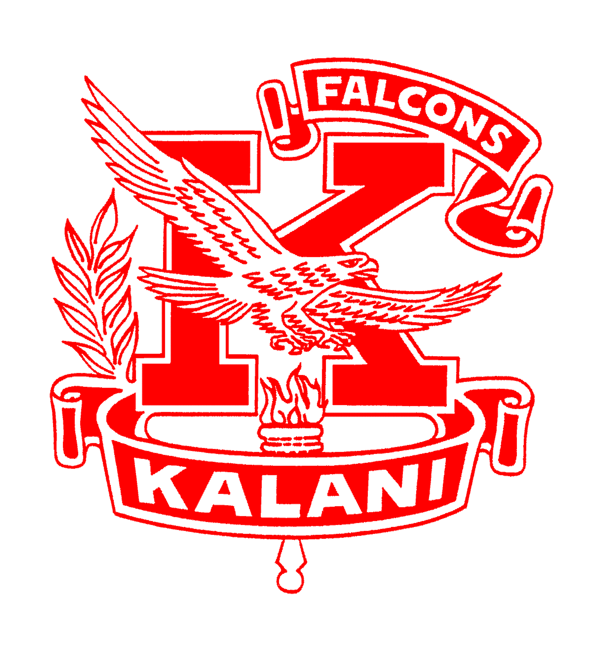 Kalani High School emblem, an eagle with banners reading Falcons and Kalani.