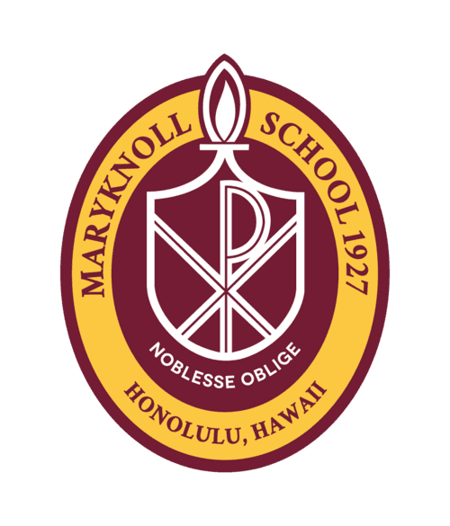 Maryknoll School seal with a candle and shield.