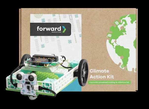 Box labeled 'Climate Action Kit' with a robotic kit and electronic components in front of it, promoting micro:bit powered coding and robotics education.